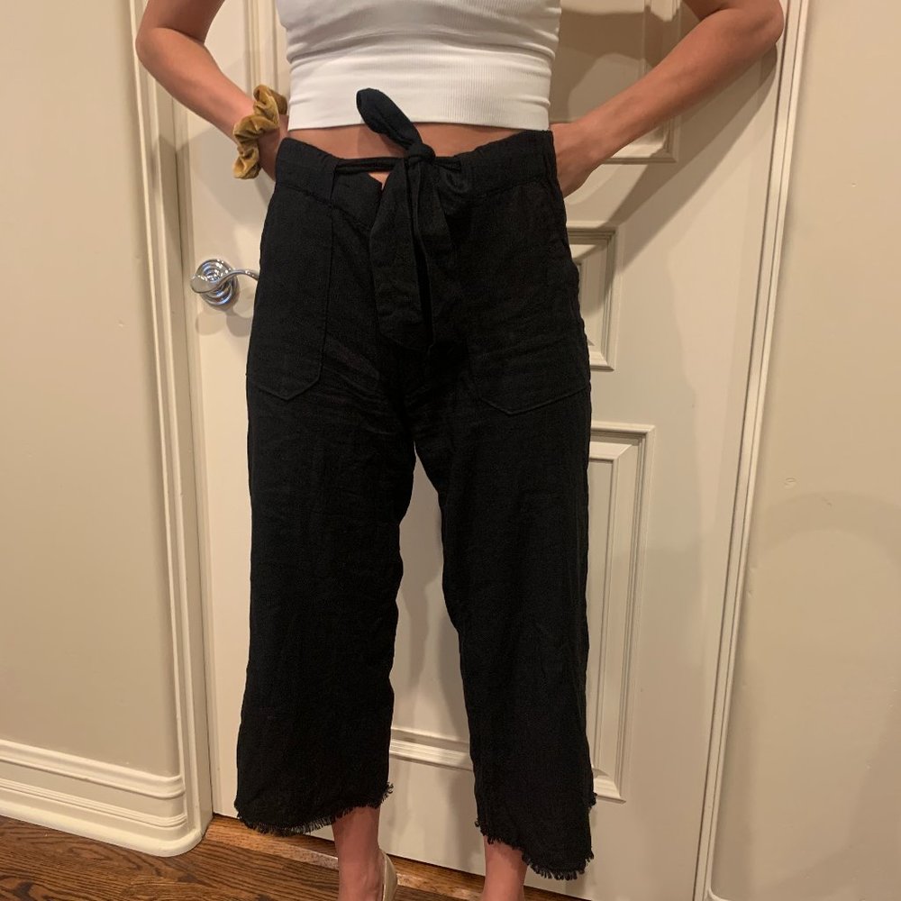 Black Wide Leg Crop Linen Pants
